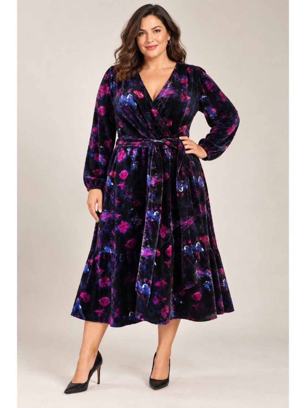 Lane Bryant floral velvet faux-wrap midi dress a vibrant pink blue abstract 16